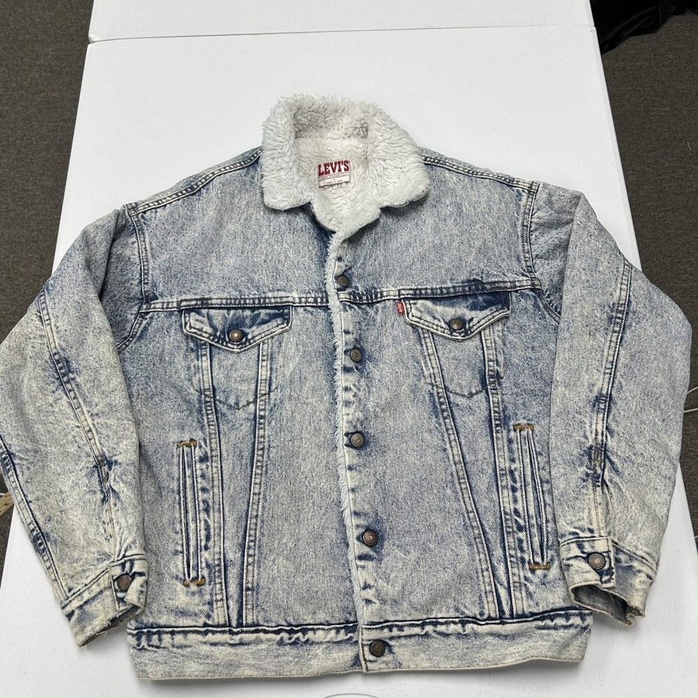 Levi's Sherpa Trucker Jacket Mens Small Blue Acid Wash Vintage Made in USA E1
